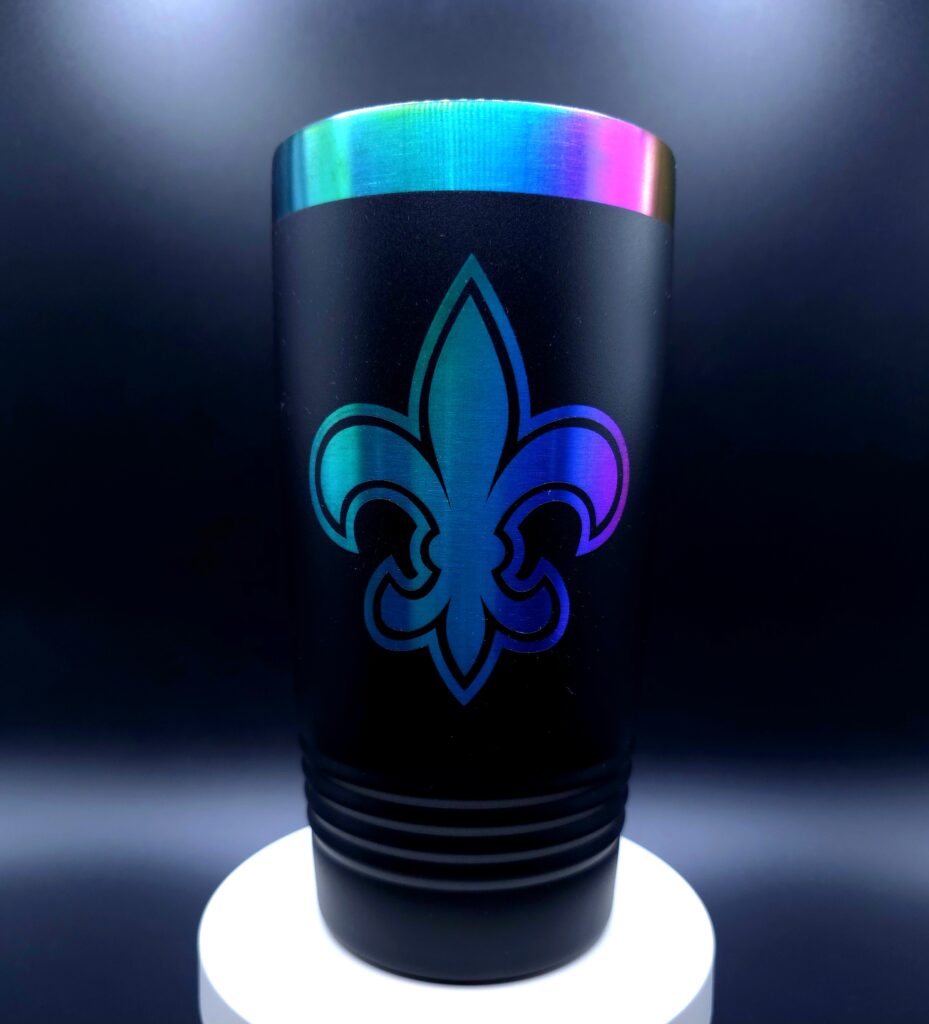 Custom UV-printed stainless tumbler with fleur-de-lis design