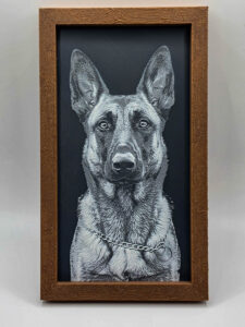 HueForge 3D filament-painted German Shepherd pet portrait in a wood frame