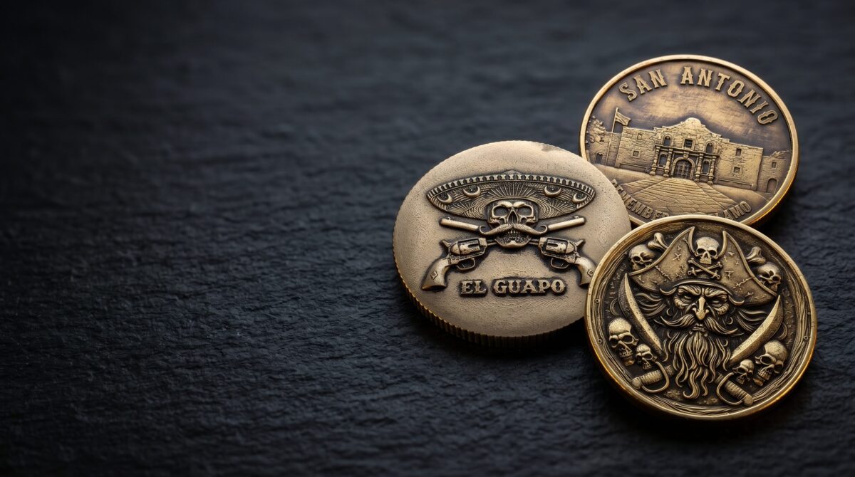 Custom brass challenge coins with detailed 3D engraving on dark slate