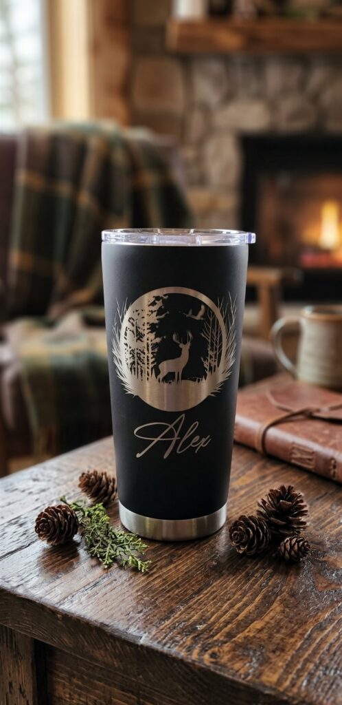 Black laser-engraved tumbler with a deer in a forest scene and a custom name