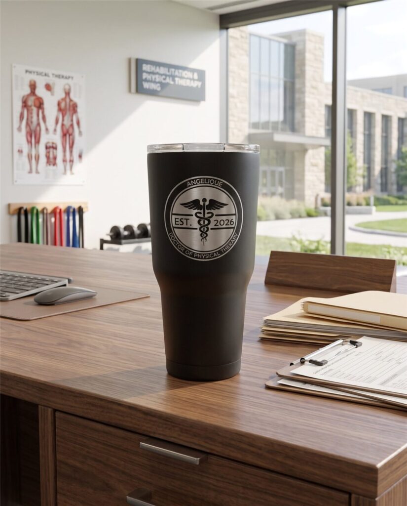 Black laser-engraved tumbler with a physical therapy emblem and a custom name