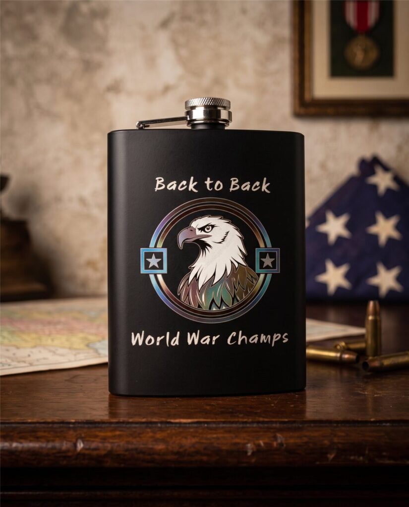 Black laser-engraved flask with a color eagle emblem and the words Back to Back World War Champs