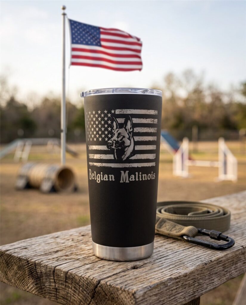 Black laser-engraved tumbler with an American flag and a Belgian Malinois
