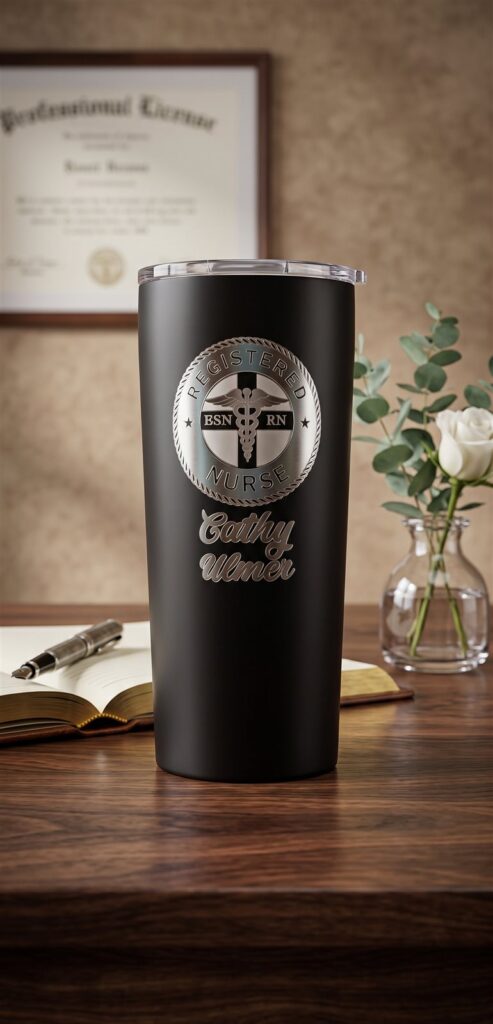 Black laser-engraved tumbler with a Registered Nurse emblem and a custom name