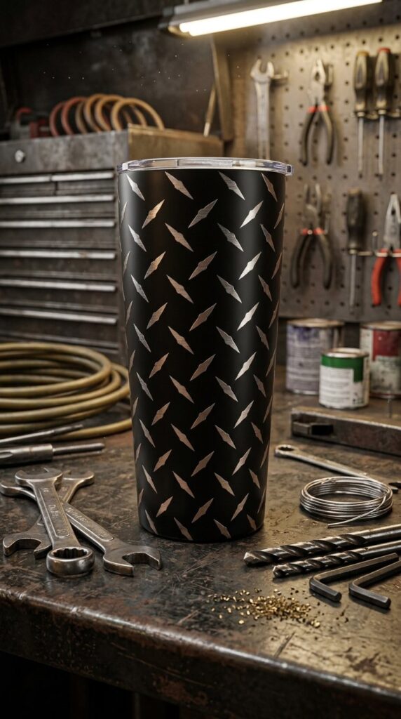 Black laser-engraved tumbler with a diamond plate pattern in a workshop