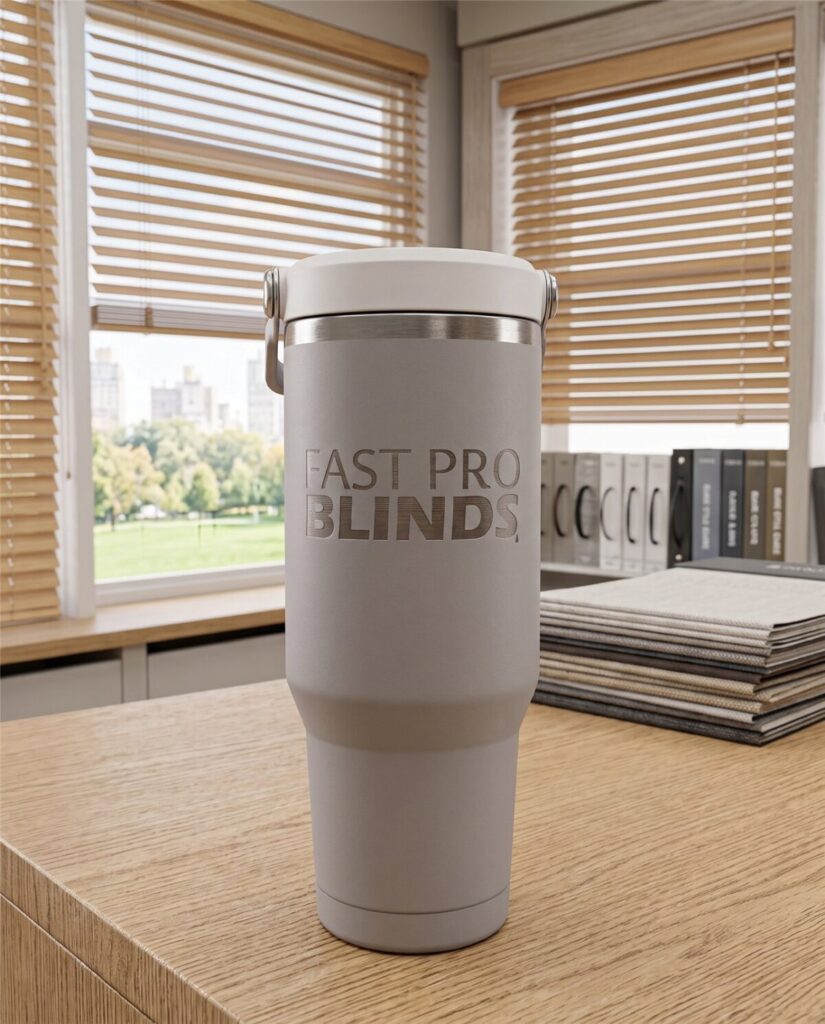 Light gray laser-engraved tumbler with a business logo