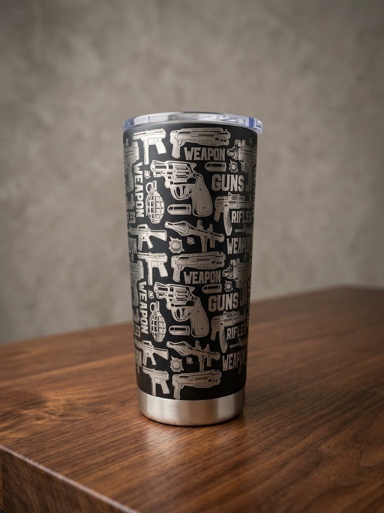 Black laser-engraved tumbler with an all-over guns and weapons pattern
