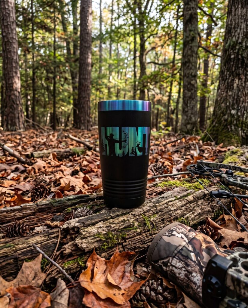 Black tumbler with a color-engraved hunting design