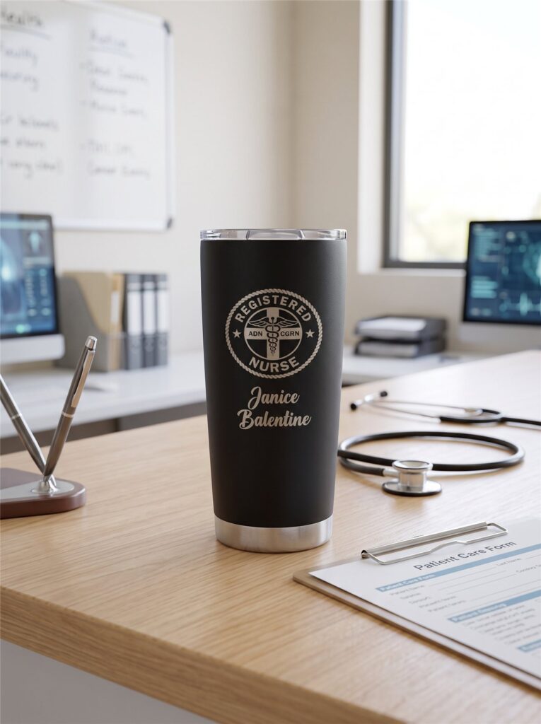 Black laser-engraved tumbler with a Registered Nurse emblem and a custom name
