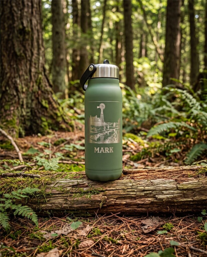 Green laser-engraved water bottle with a farm scene and a custom name