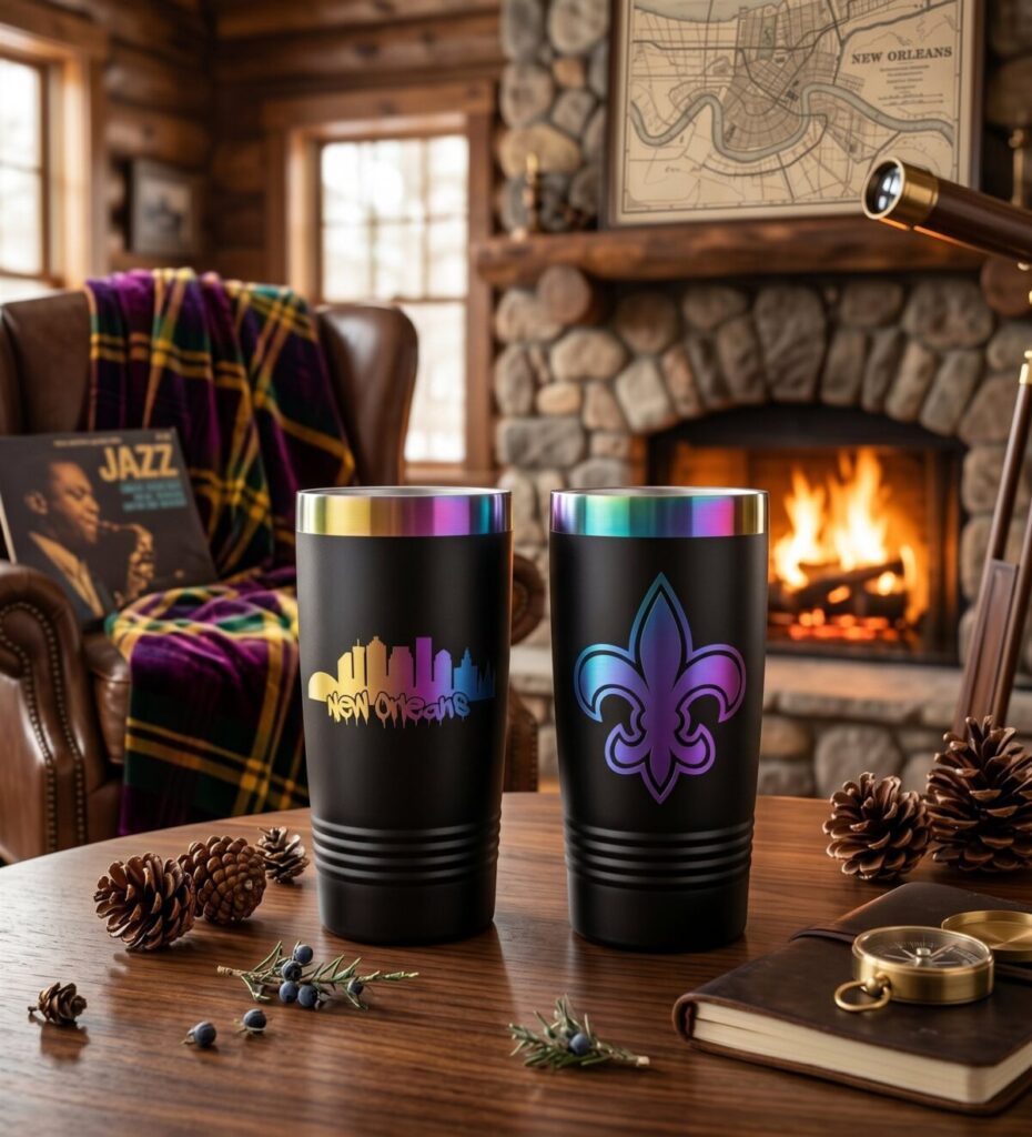 Two black tumblers with color-engraved New Orleans skyline and fleur-de-lis designs