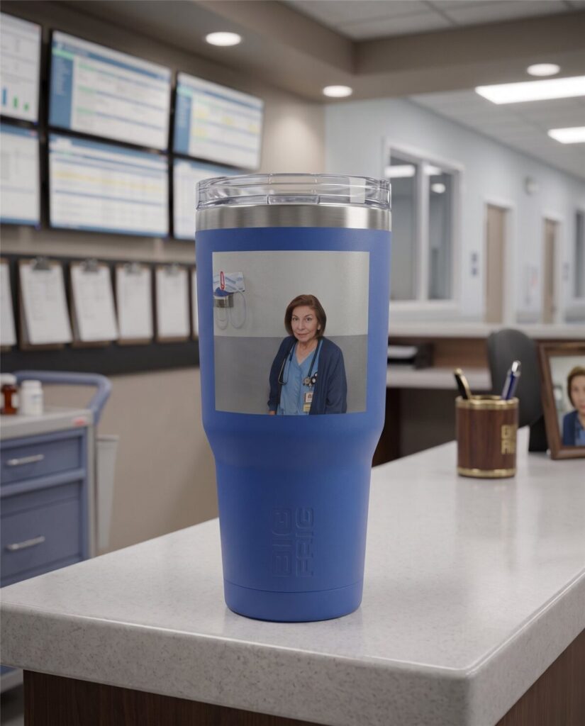 Blue tumbler with a full-color photo print