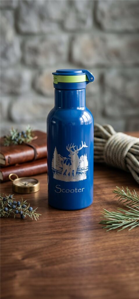 Blue water bottle laser-engraved with an elk in a mountain scene and a custom name