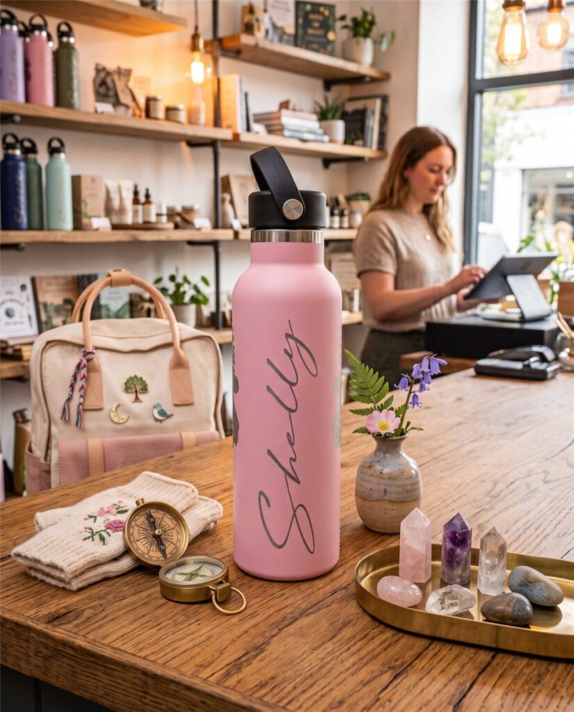 Pink water bottle laser-engraved with a custom name in script