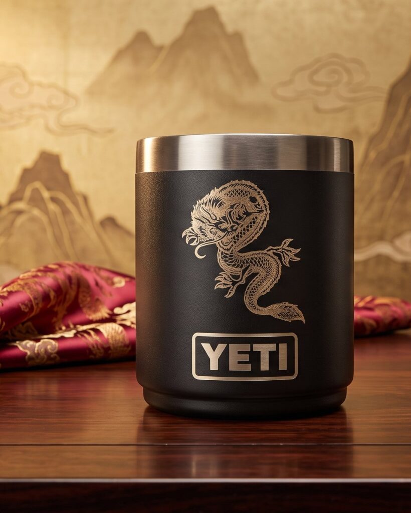 Black Yeti lowball laser-engraved with a dragon design